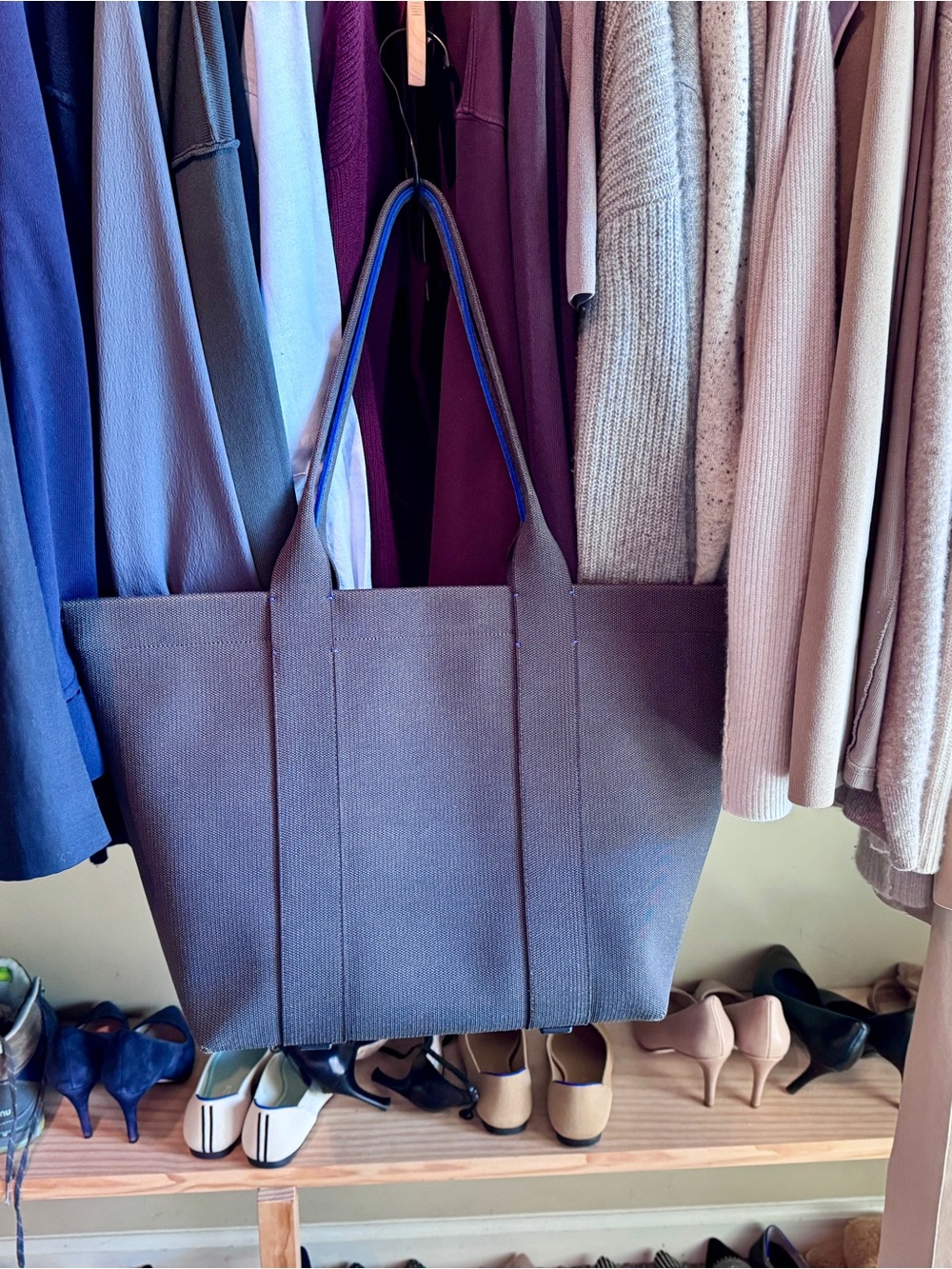 Rothy's Slate Black Essential Tote with Blue-Trim Handles